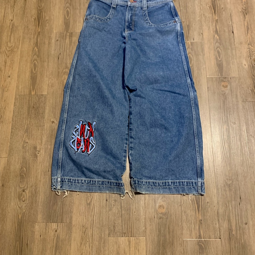 Denim Wide-Leg Jeans with Red and Blue Embroidery